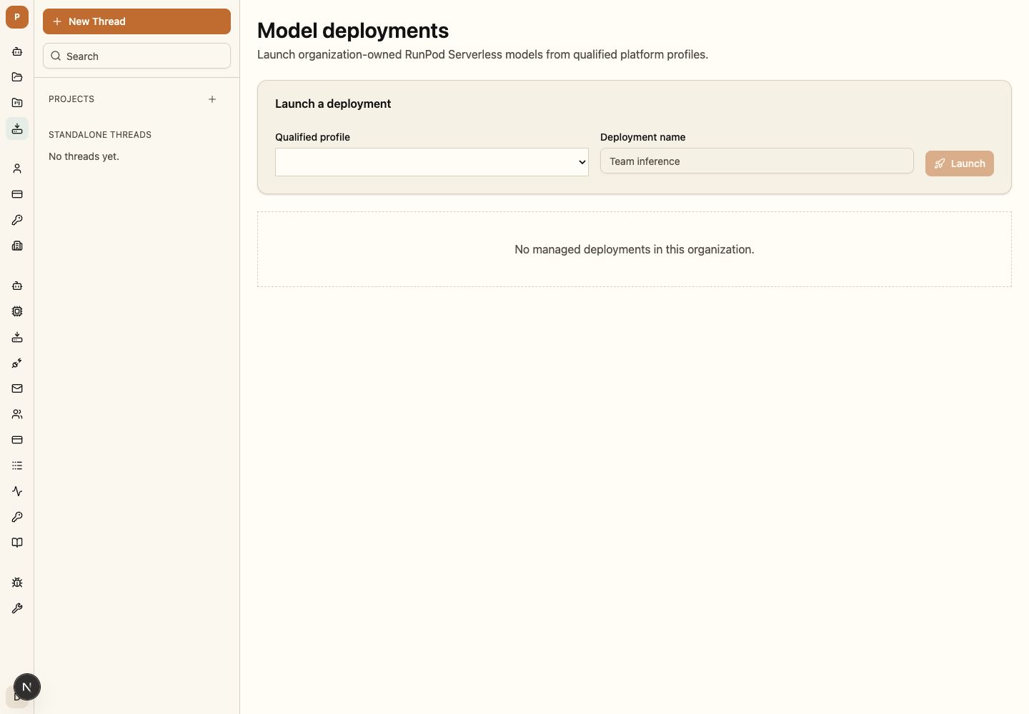 Kestrel One managed model deployment page with qualified profiles and lifecycle status
