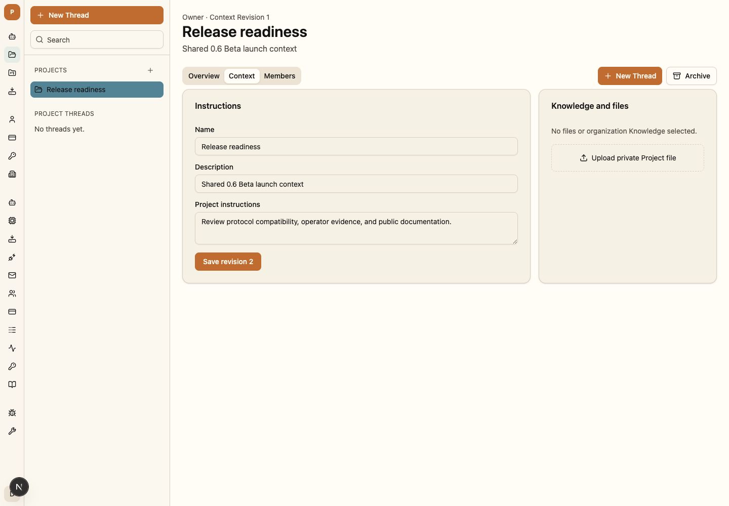 Kestrel One Project home showing shared context, members, and Project Threads