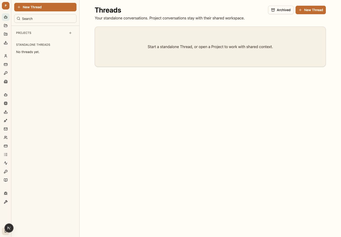 Kestrel One Threads page with standalone conversations and Project navigation